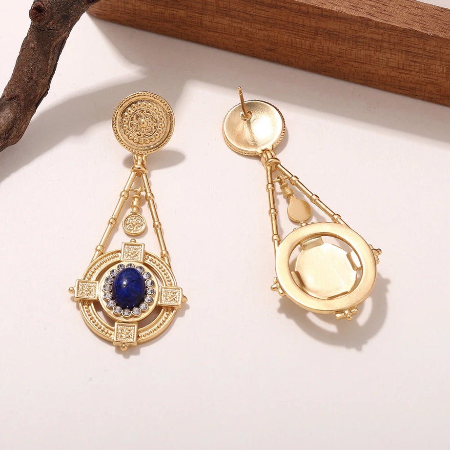 Vintage 18K Gold Plated Drop Earrings with Lapis lazuli Stone & Rhinestones - Elegant Geometric Women's Jewelry Daily Ear Charm - Charlie Dolly