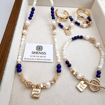 Lapis Lazuli Freshwater Pearl Metal Combined Jewelry Set Necklace Bracelet Earrings 3Piece Set Minimalist Luxury Niche High End