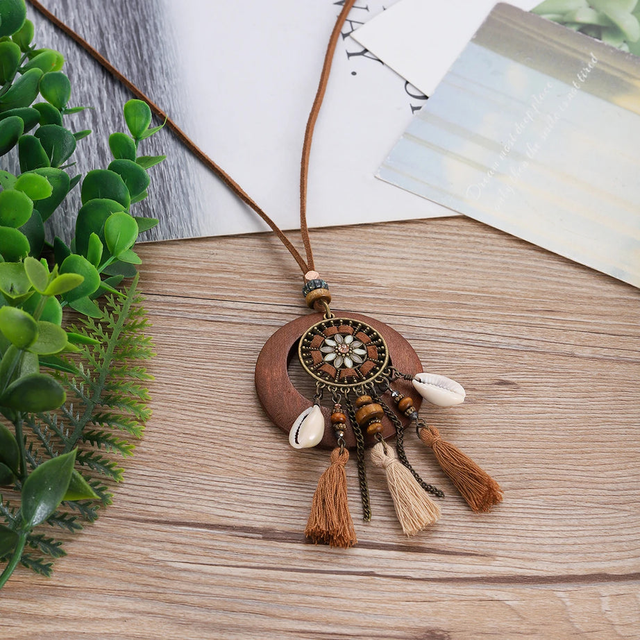 Wood Flower Bead Leaf Tassel Long Necklace Jewelry
