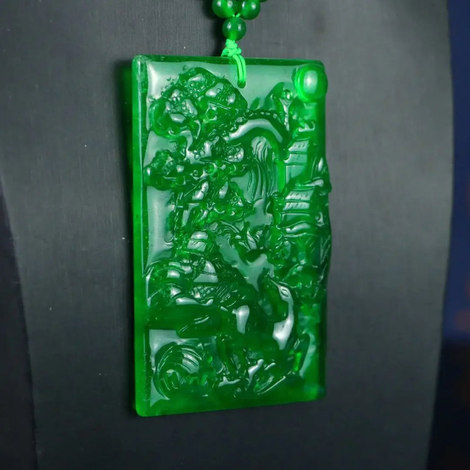 Myanmar Ice Jadeite Carved Landscape Amulet Necklace, Sacred Mountain Talisman
