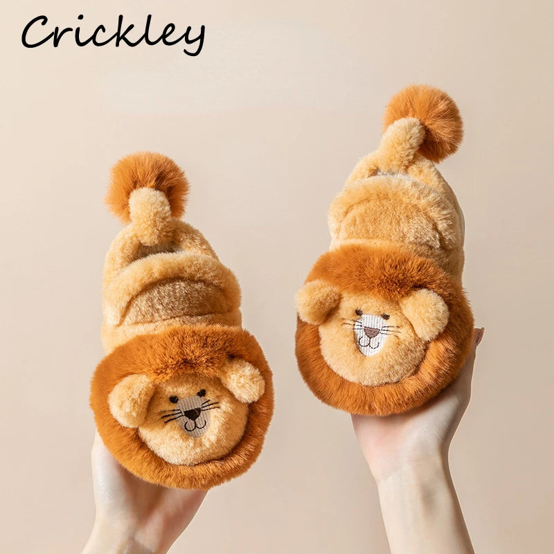 Cartoon Lion Children's Winter Shoes Cute 3D Animals Floor Slippers For Kids Flats Warm Plush Design Child Girls Boys Slippers - Charlie Dolly