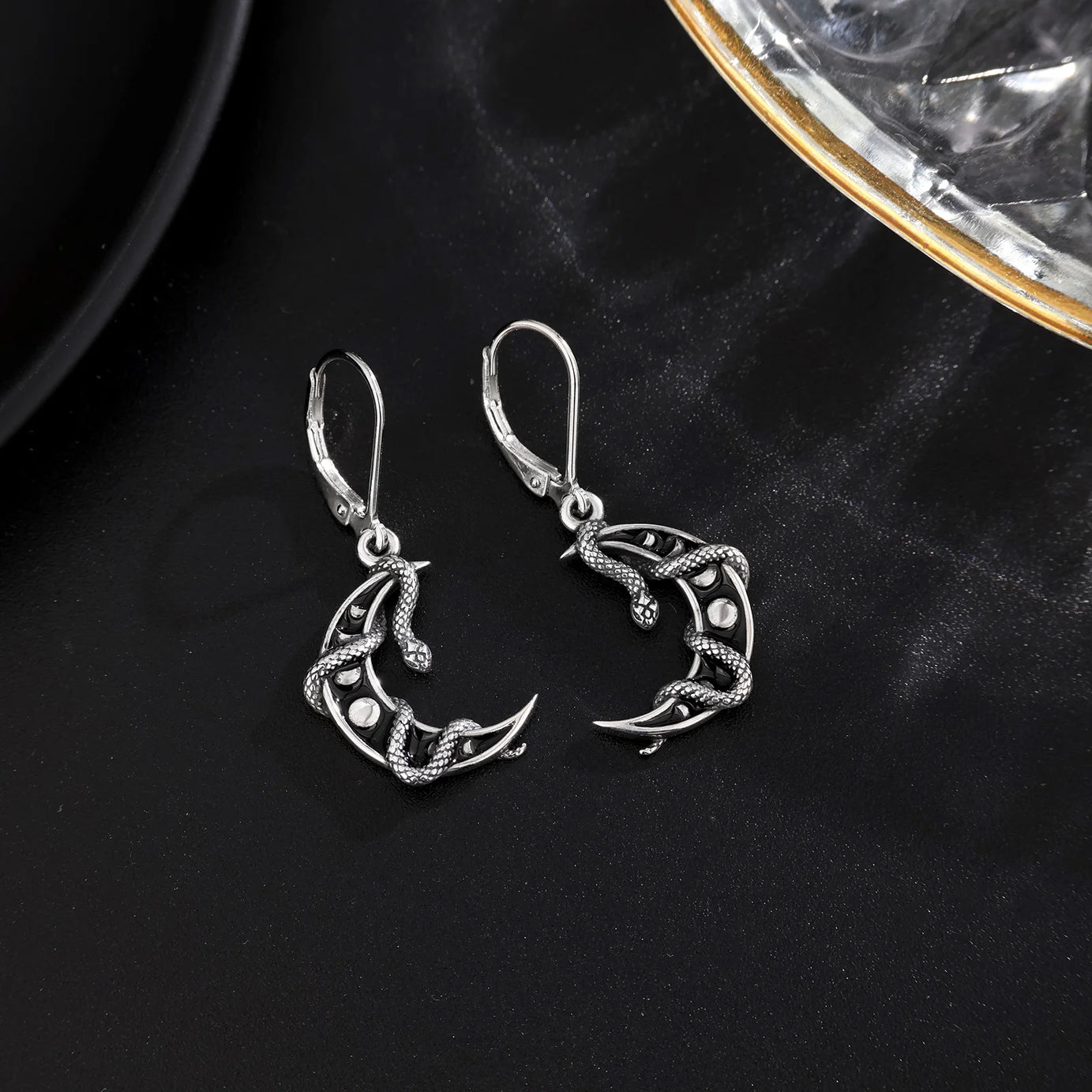S925 Sterling Silver Moon Phase Snake Drop Earrings, Gothic Black Enamel Celestial Talisman
