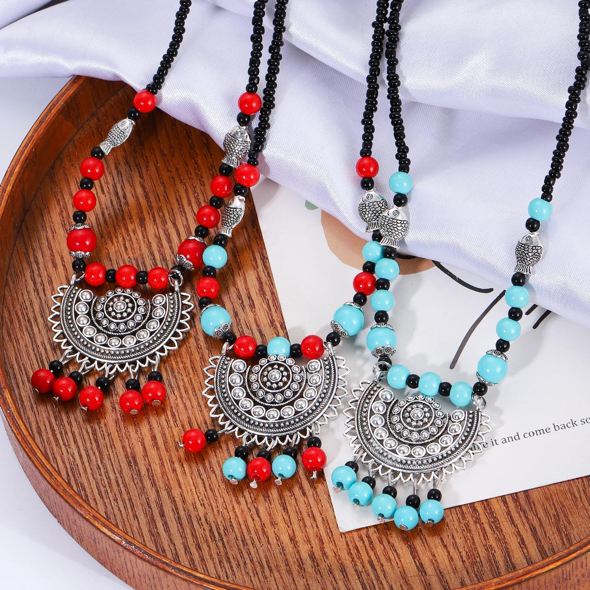 Flower Bead Turquoise Tassel Long Necklace Jewelry