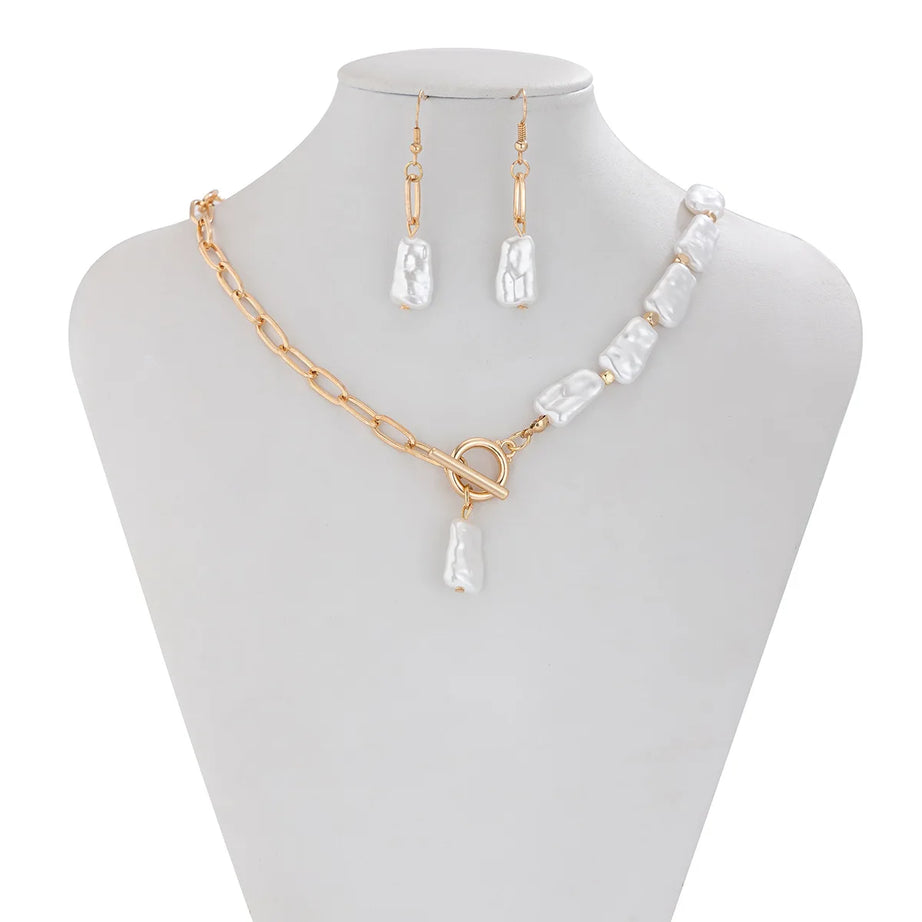 Square Pearl and Cross Chain Boho Necklace, Earring and Bracelet Set