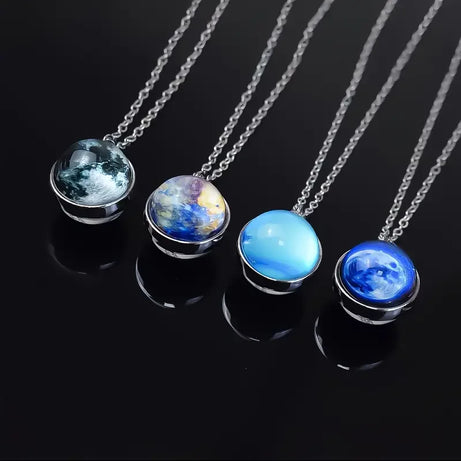 Double-Sided Galaxy Planet Glass Ball Pendant Necklace, Sun Moon Mars Cosmic Talisman