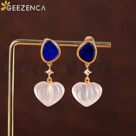 GEEZENCA 925 Silver Lapis Lazuli White Crystal Women's Drop Earrings 18K Gold Heart Waterdrop Dangle Earring Love Gift For Her - Charlie Dolly