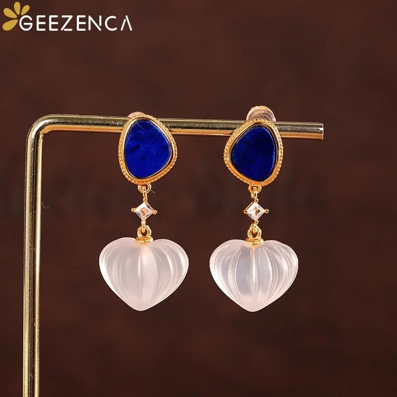 GEEZENCA 925 Silver Lapis Lazuli White Crystal Women's Drop Earrings 18K Gold Heart Waterdrop Dangle Earring Love Gift For Her