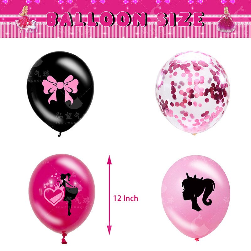 16Pcs Barbie Anime 12 Inch Pink Black Theme Party Birthday Wedding Latex Confetti Balloon Set Decoration Children Girls Gifts - Charlie Dolly