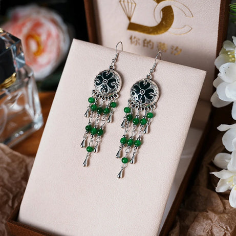 Green Enamel Feather Crystal Drop Earrings Jewelry
