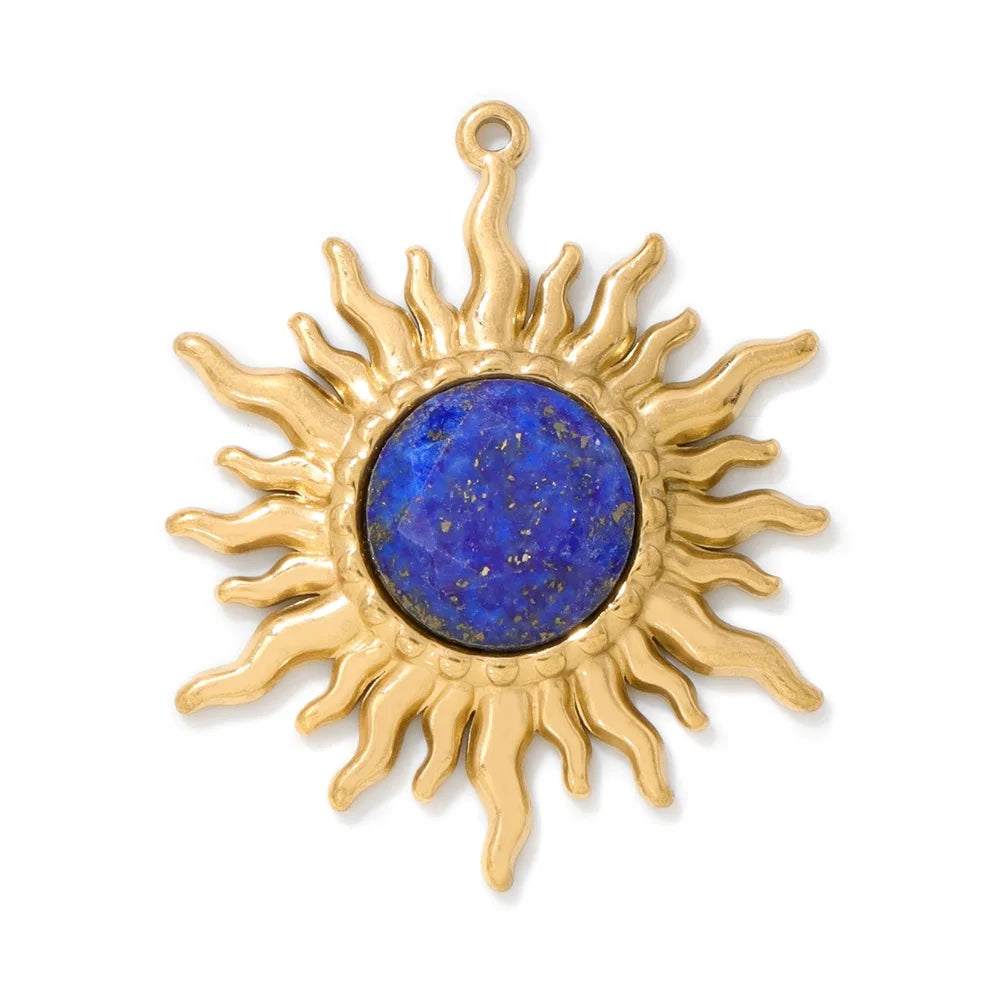 2pcs 25x30mm Gold Color Sun Shape Natural Stone Pendant Inlaid with Lapis Lazuli Gem Charm for Jewelry Making Necklace Earring