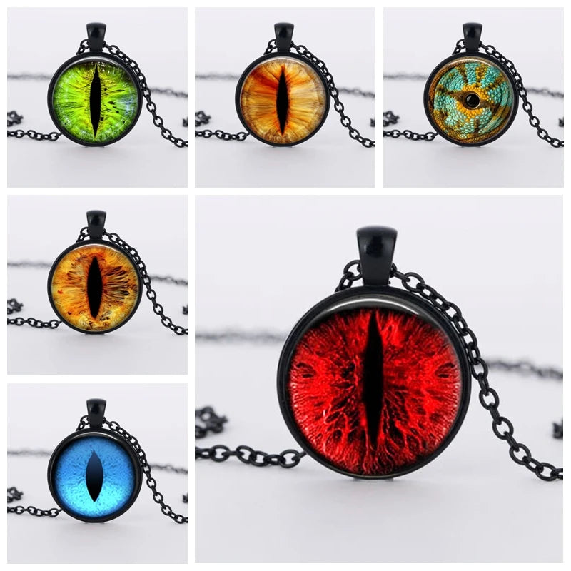 Red Cat Eye Charms Necklace Dragon Eyes Photo Glass Cabochon Handmade Black Chain Necklaces
