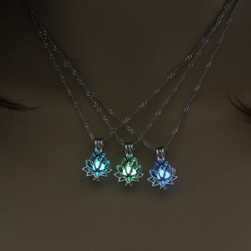 Luminous Exquisite Glowing in The Dark Minimalist Moon Lotus Flower Shaped Pendant Charm Necklace Women Hip Hop Punk Jewelry