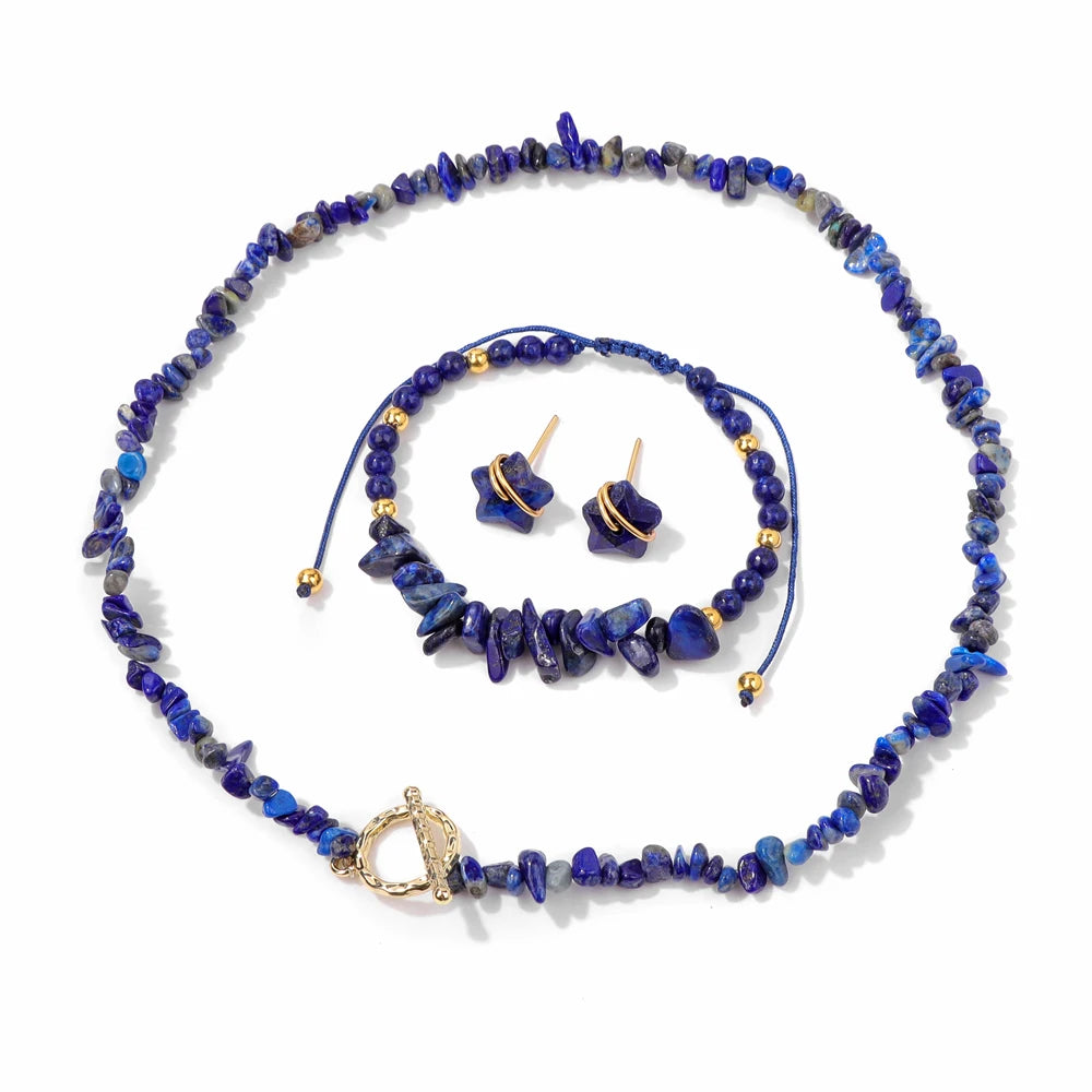 Natural Stone Lapis Lazuli Jewelry Set Quartzs Chip Beads Necklace Braided Bracelets For Women Star Shape Ear Studs Earrings