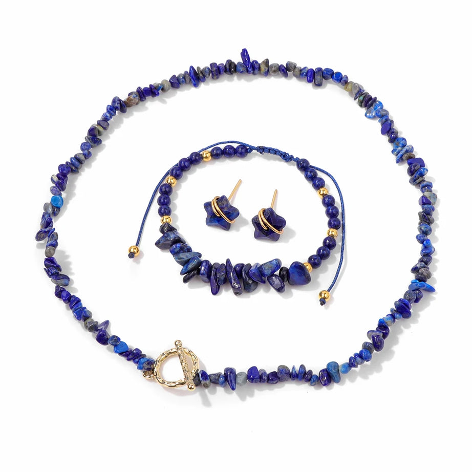 Natural Stone Lapis Lazuli Jewelry Set Quartzs Chip Beads Necklace Braided Bracelets For Women Star Shape Ear Studs Earrings - Charlie Dolly
