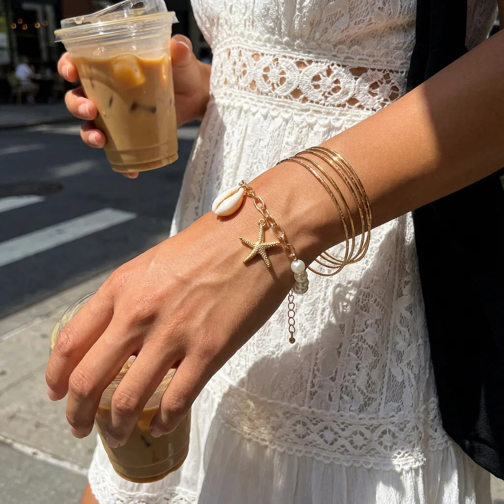 Boho Imitation Pearl Cowrie Shell Bracelet For Women Gold Color Starfish Charm Chain Bangle Summer Beach Vacation Jewelry Gift