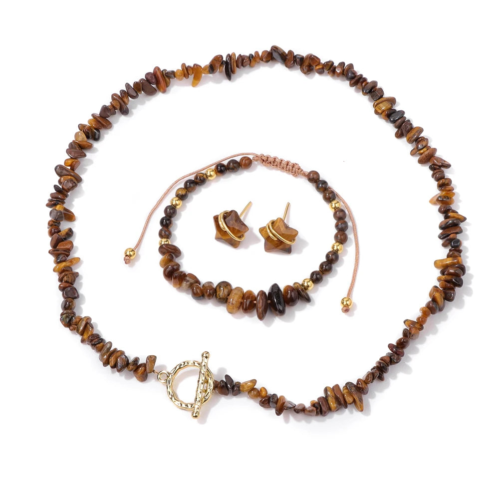 Natural Stone Lapis Lazuli Jewelry Set Quartzs Chip Beads Necklace Braided Bracelets For Women Star Shape Ear Studs Earrings