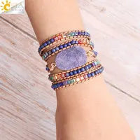 CSJA Natural Stone Bracelets Green Fluorite Crystal Aventurine Bead Leather Wrap Bracelet Multilayer Boho Jewelry Pulseira G118