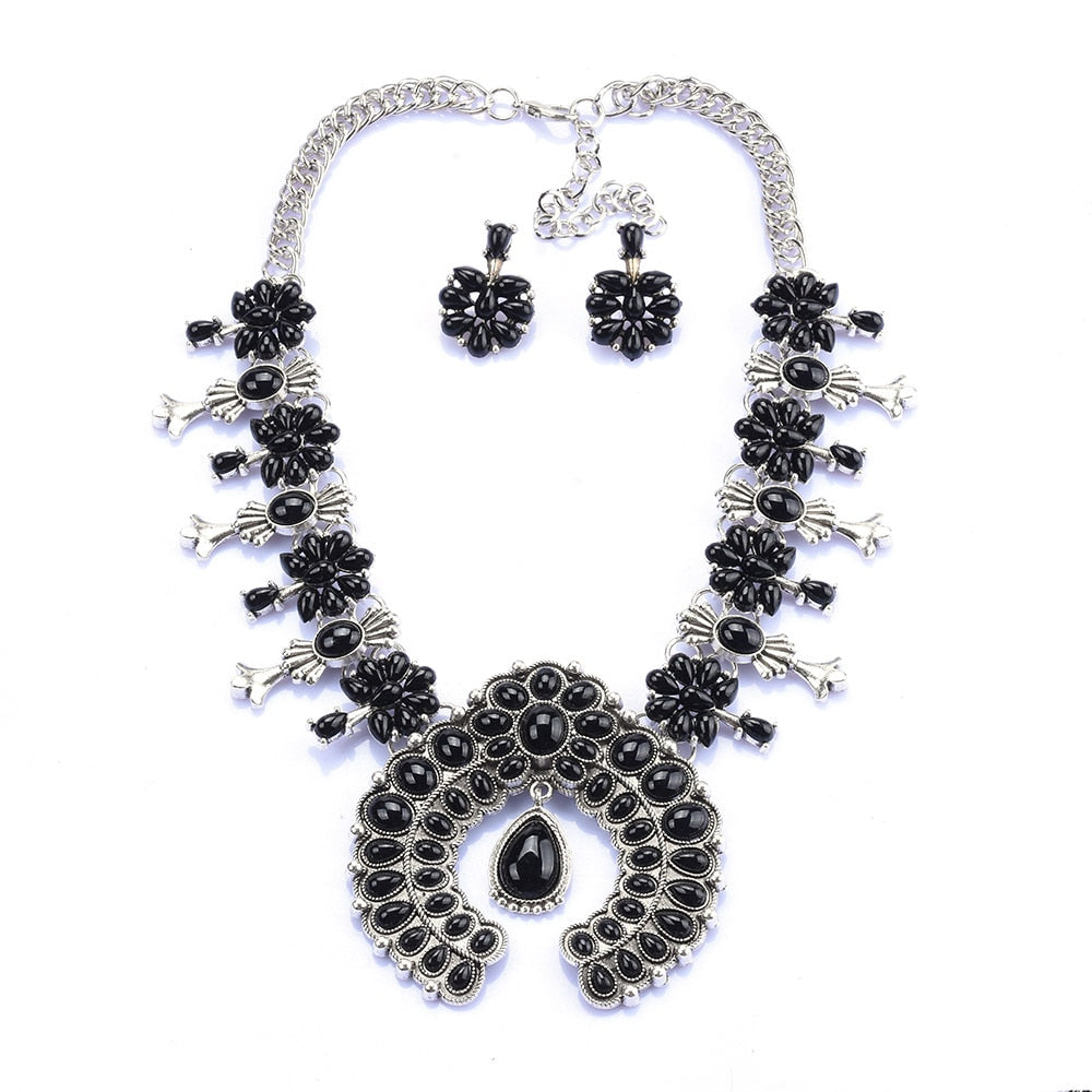 Squash Blossom Turquoise Bib Necklace Southwestern Jewelry Boho Envious Green Howlite Stone Tribal Statement Necklace Sets - Charlie Dolly