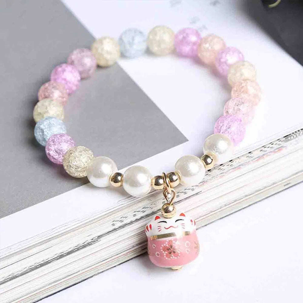 Boho Fortune Cat Charms Bracelet for Women 8mm Round Natural Stone 18cm Stretch Wire Couple Bracelet Jewelry Accessories Gifts