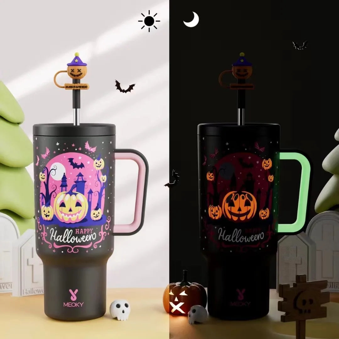 Meoky 40oz Tumbler Handle with Straw Cute Stopper Stainless Steel Insulation Coffee Cup Luminous Vacuum Car Mug Halloween Gifts - Charlie Dolly