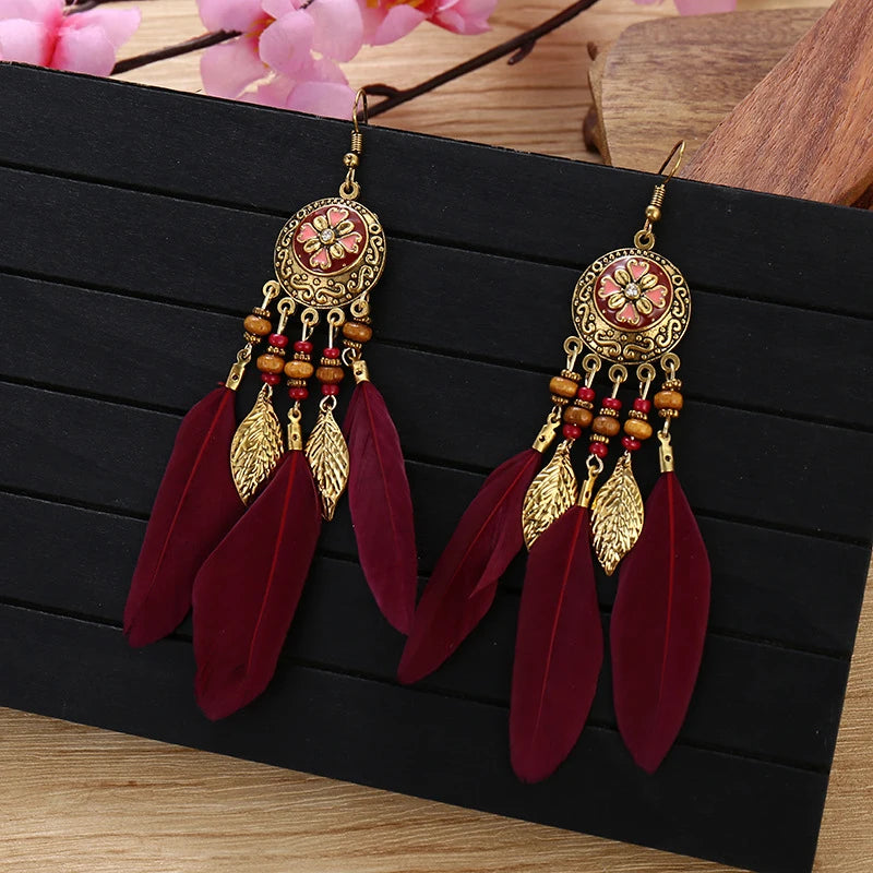 Bohemian Vintage Jewelry For Women Trendy Carved Leaf Feather Tassel Long Earrings Boho Flower Beads Handmade Wedding Earrings