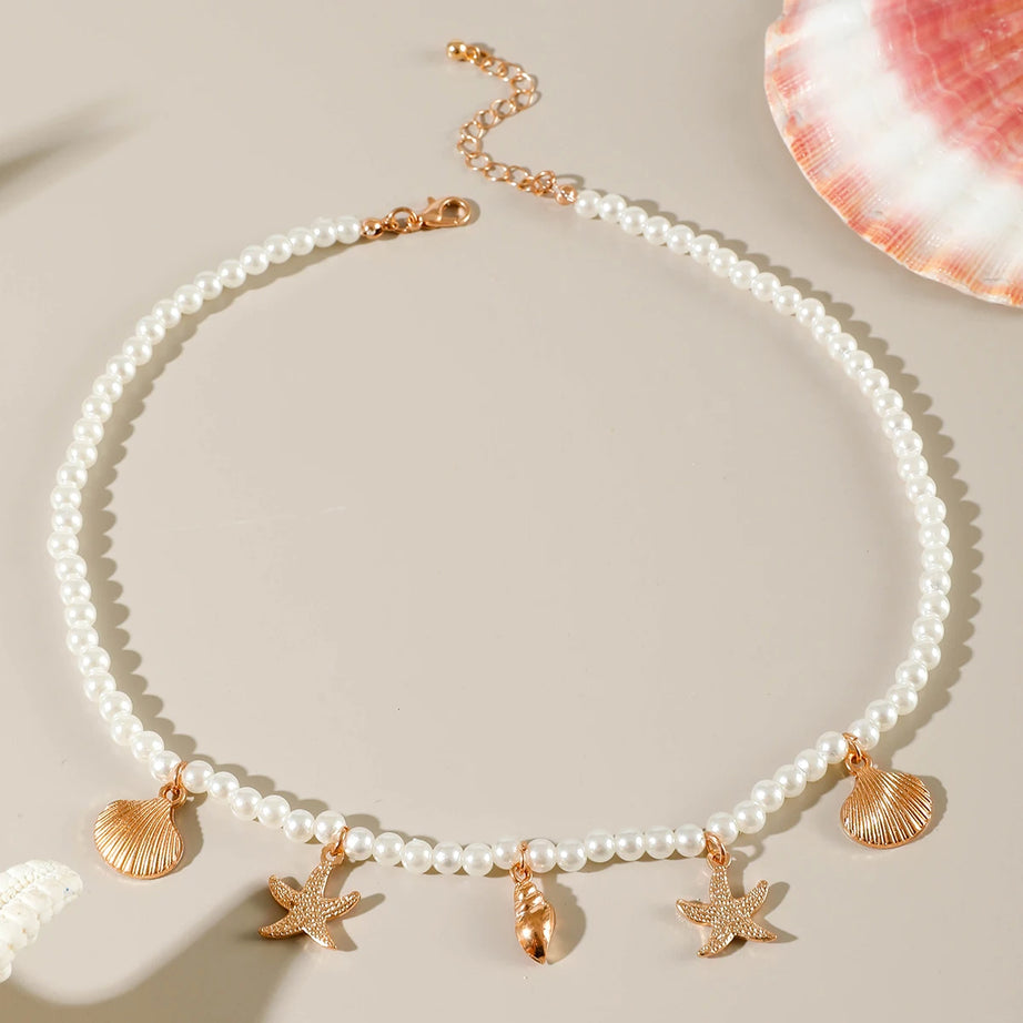 Tocona Boho Starfish Shell Flower and Pearl Pendant Necklace