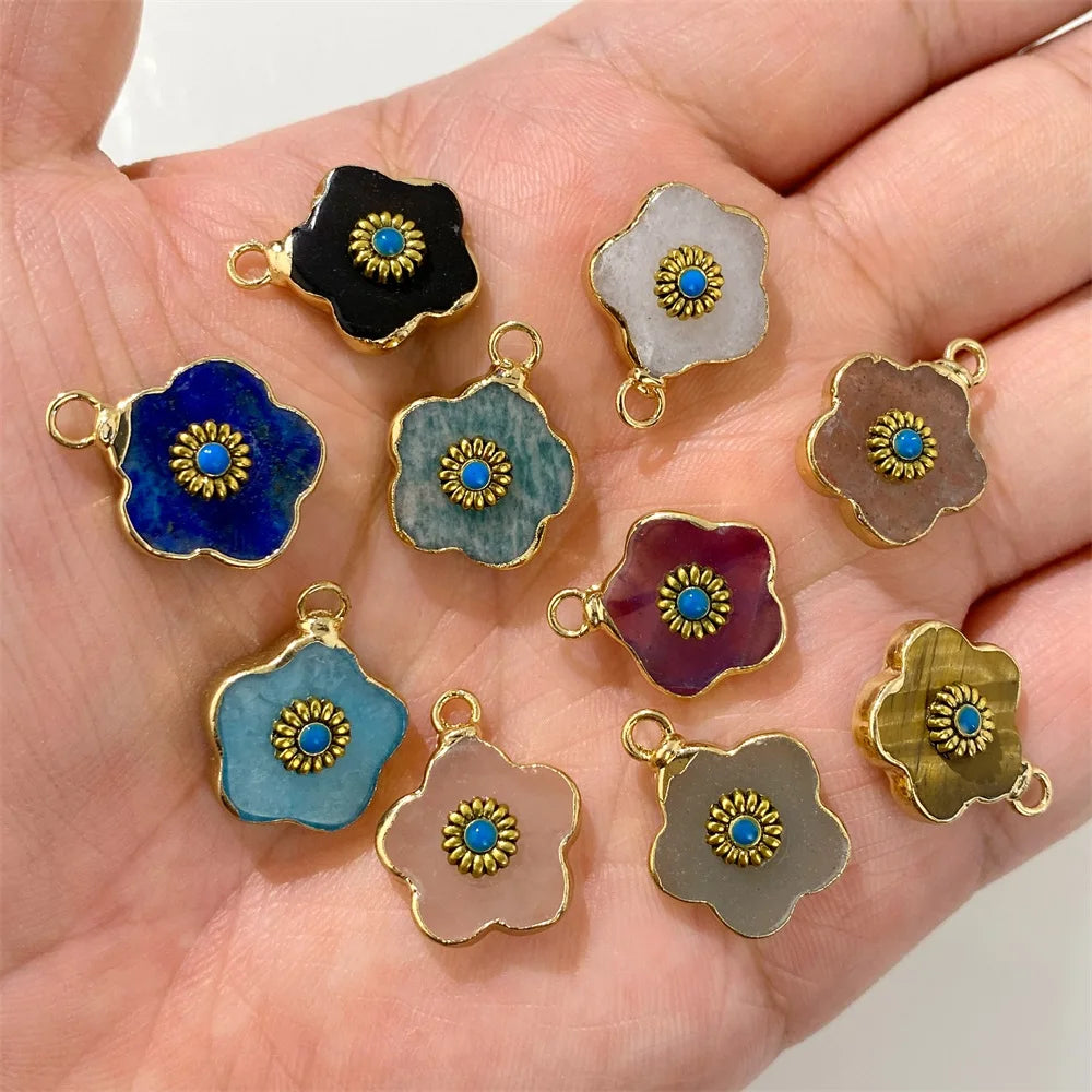 2pcs Natural Stone Flower Charms Tiger Eye Lapis Lazuli Flower Pendant For Jewelry Making Necklace DIY Earrings Bracelet15x20mm