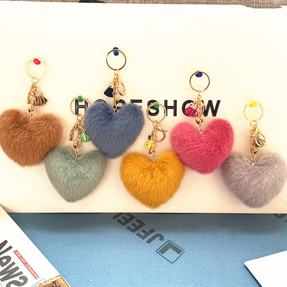 Cute Plush Heart Pendant Key Chains With Small Tassel Pompom Keyring Keychain For Women Fashion Bag Charms Ornaments Gifts - Charlie Dolly