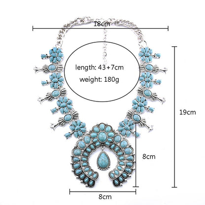 Western Jewelry American Tribal Big Chunky Bold Statement Accessories Femme Squash Blossom Turquoise Necklace for Women