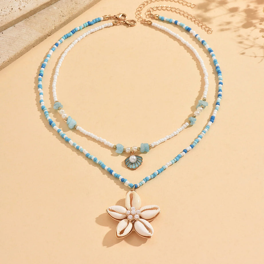 Layered Shell Flower Boho Necklace Set (2 Pieces)
