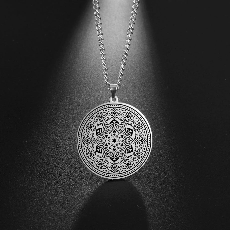 Lotus Chakra Mandala Pendant Necklace, Stainless Steel Buddhist Hindu Meditation Amulet