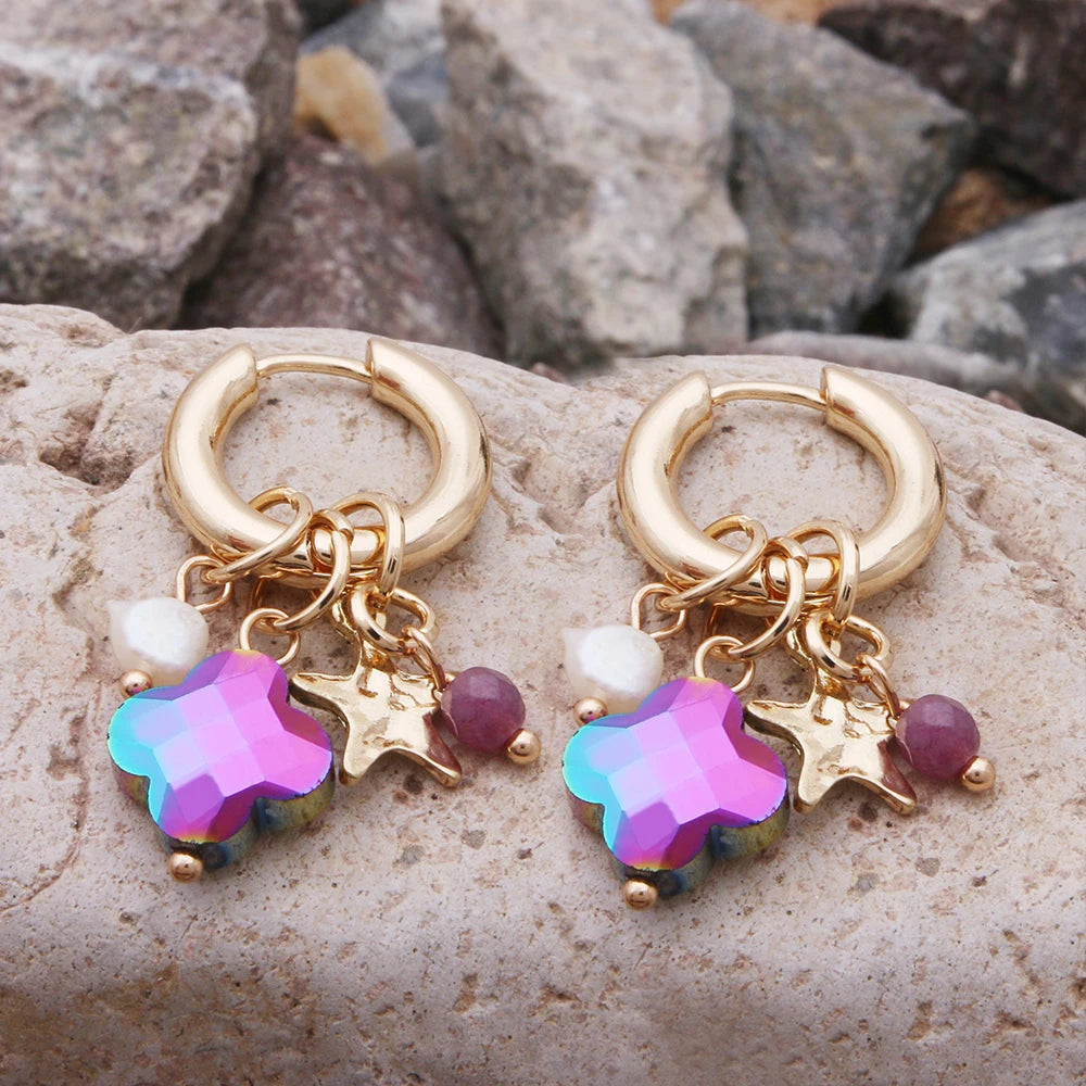 Pendant Earrings For Woman Boho Natural Stone Clover Malachite Powder Crystal Bohemia Charm Ear Luxury Quality Jewelry Girls