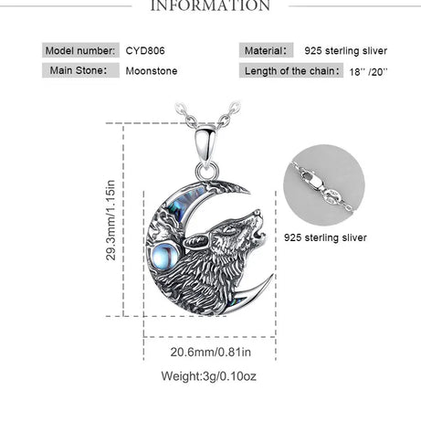 Wolf on the Moon Necklace with Moonstone, S925 Sterling Silver