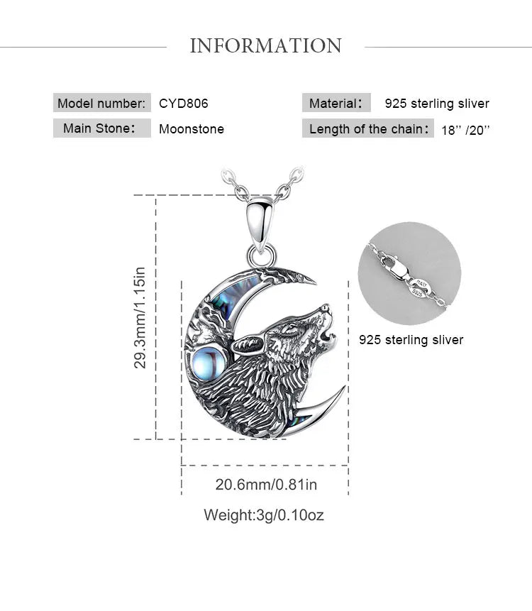 Eudora 925 Sterling Silver Wolf on the Moon Necklace Moonstone Wolf Pendant Animal Series Jewelry for Warriors Men'women Gift