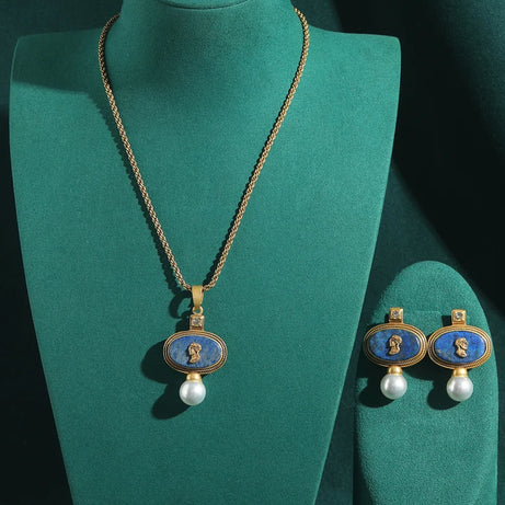 Vintage Cameo Jewelry Set Woman Avatar Pendent Pearl Necklace Lapis Lazuli Stud Earrings Blue Natural Stone Wedding Party 2026 - Charlie Dolly