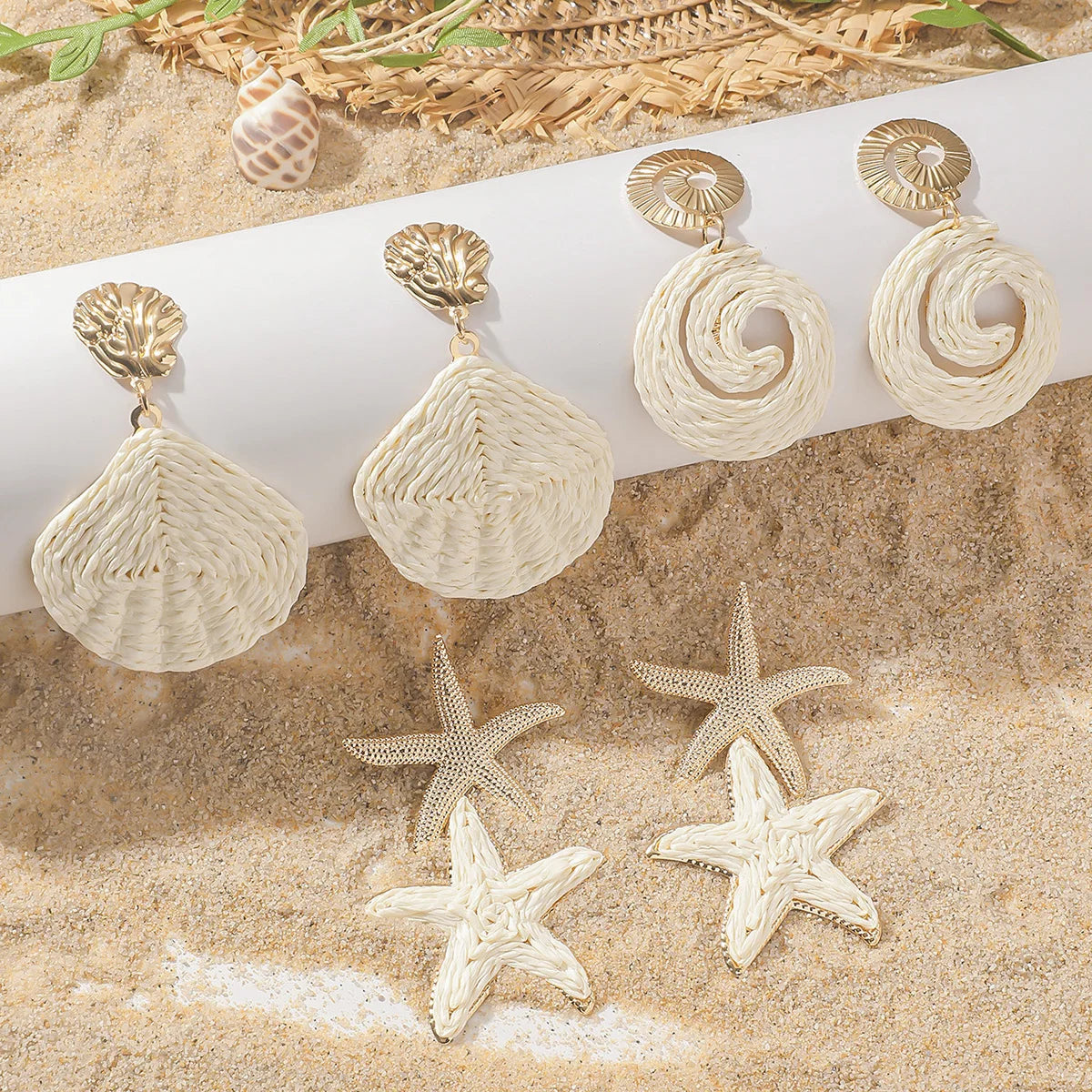 1 Set Elegant Ocean Theme Rattan Knit Drop Earrings for Women Girls Boho Summer Raffia Shell Starfish Conch Earrings Jewelry