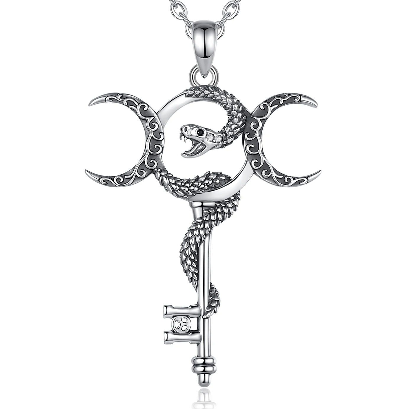 S925 Sterling Silver Hecate Triple Moon Goddess Pendant Necklace, Snake & Key Pagan Wicca Amulet