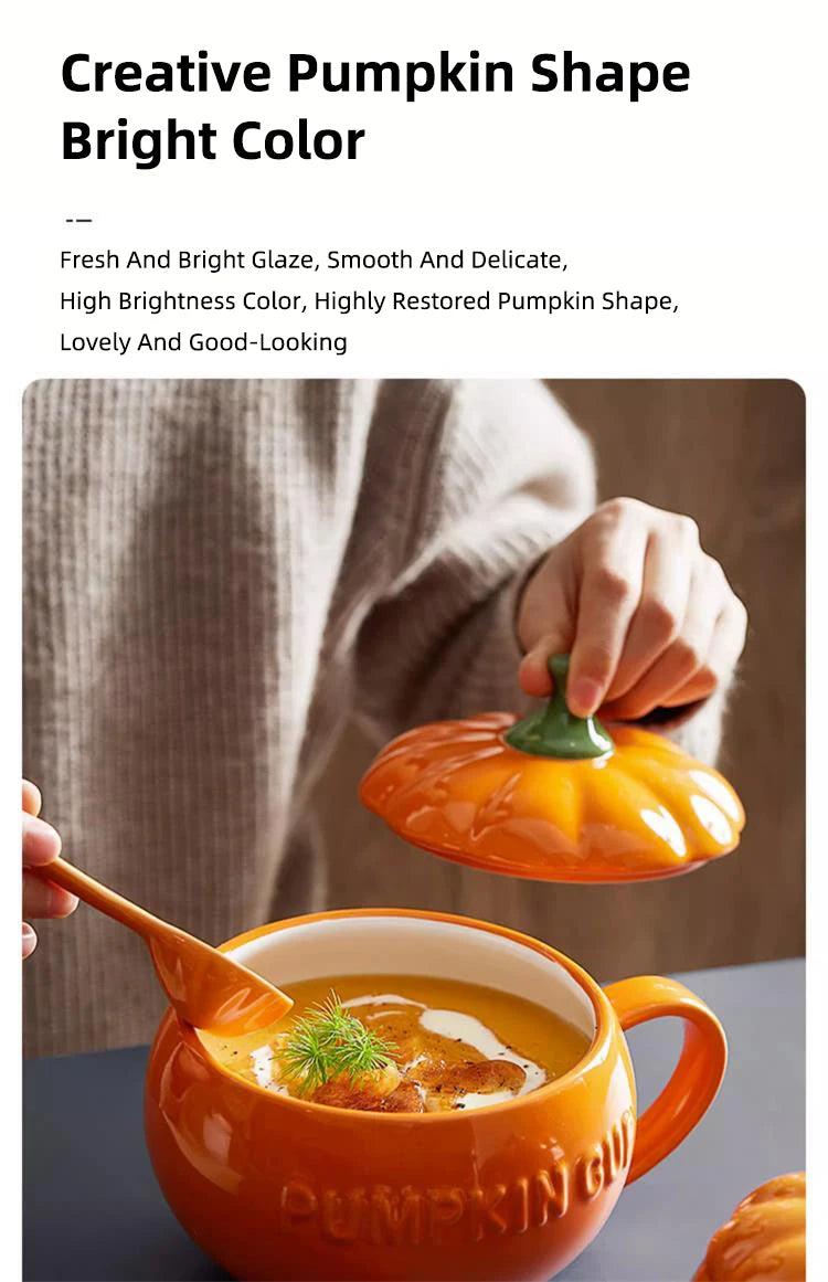 300/450ML Halloween Pumpkin Shaped Ceramic Cup With Spoon Kawaii Soup Mug With Lid  Oatmeal Cup Creative Water Cup - Charlie Dolly
