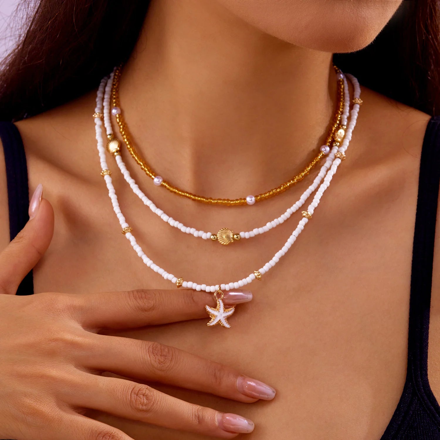 Ocean Inspired Layered Beaded Necklace Set for Women Starfish Shell Pearl Style Boho Beach Jewelry Summer Vacation Accessory