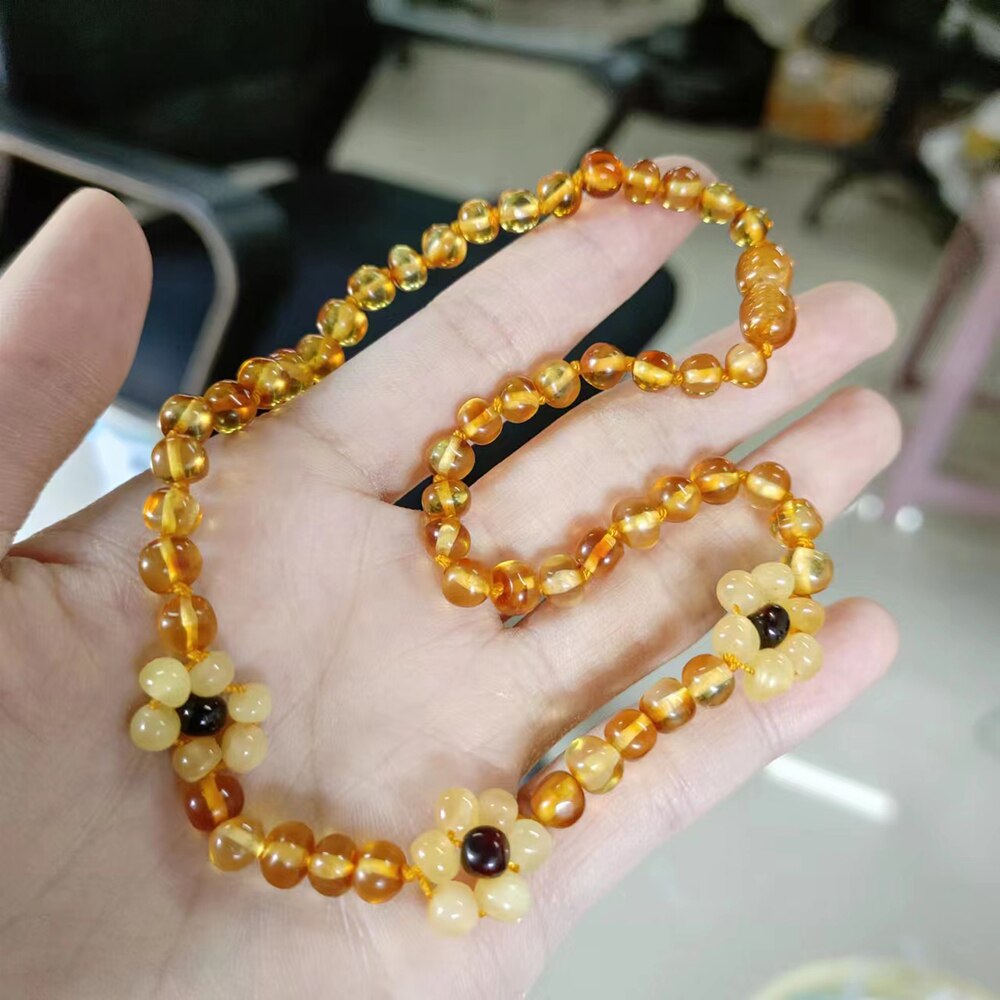 2 Styles Amber Teething Necklace/Bracelet for Baby Genuine Baltic Amber Jewelry with Sunflowers for Girls Women Chriristmas Gift - Charlie Dolly