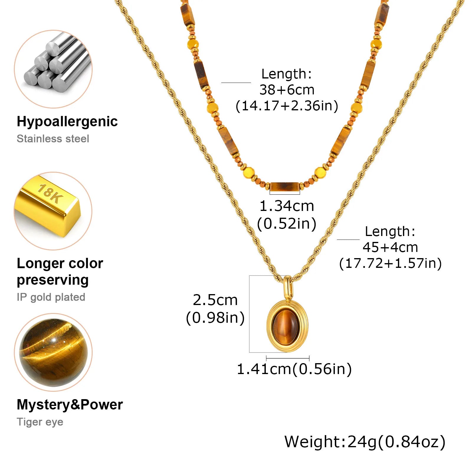 Natural Tiger Eye Necklace for Women, Boho Beaded Pendant Layered Collarbone Chain with Irregular Stone Jewelry