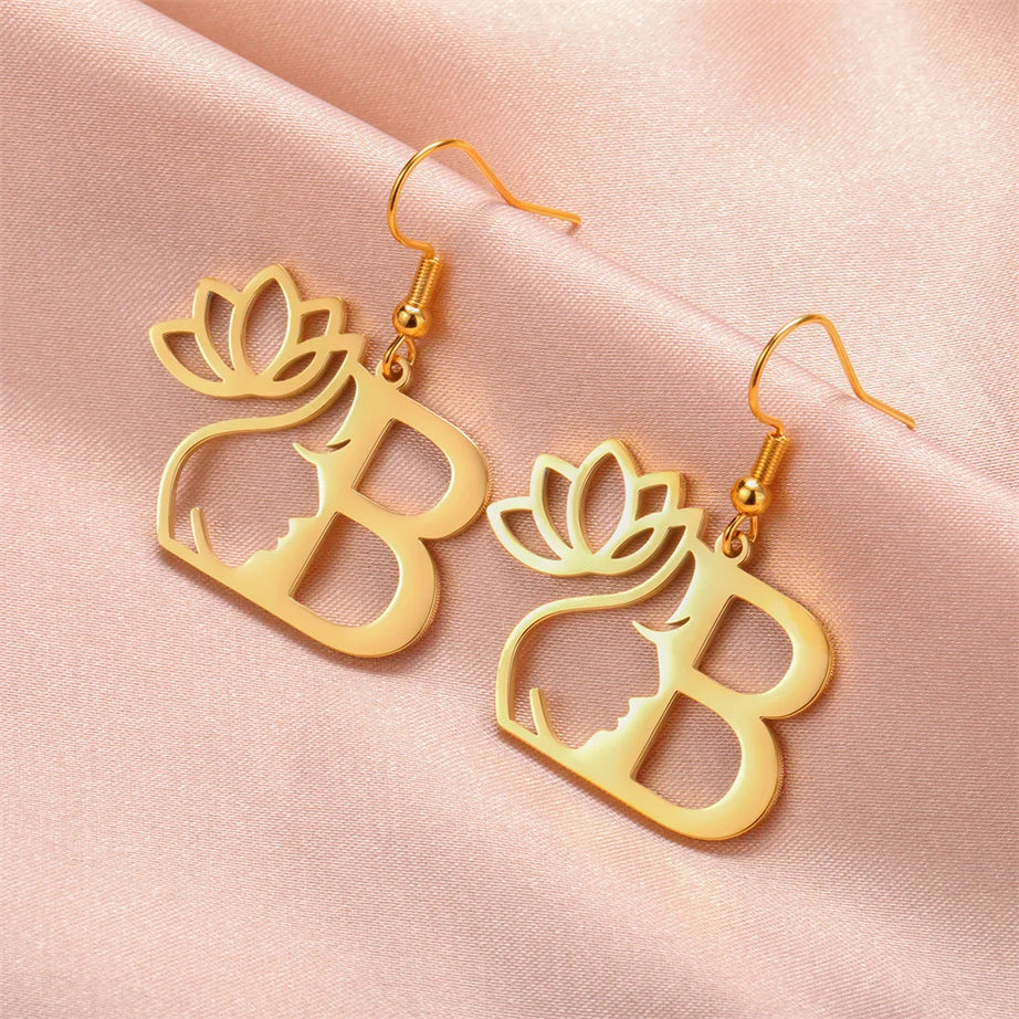 Lotus Flower Initial Letter Pendant, Personalized Stainless Steel Necklace