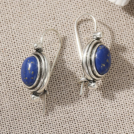 Ethnic Silver Color Imitation Lapis Lazuli Dangle Earrings Woman Carving Oval Party Daily Wear - Charlie Dolly