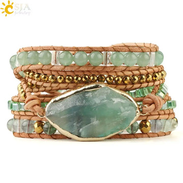 CSJA Boho Natural Stone Braided Bracelet for Women Green Aventurine Beads Handmade Wrap Bracelets Balance Bangle Jewelry G118