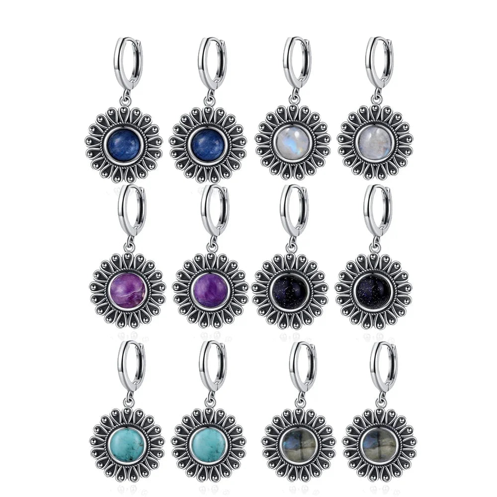 Natural Stone Sun Flower Hoop Earrings for Women, Vintage Antique Silver Turquoise Amethyst Labradorite Dangle Earring Wholesale