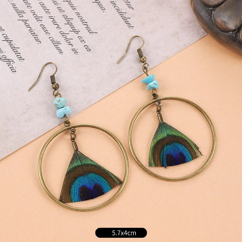Unique Feather Earrings Imitation Peacock Feathers Vintage Earrings Exaggerate Boho Earrings Statement Jewelry Custom Packaging