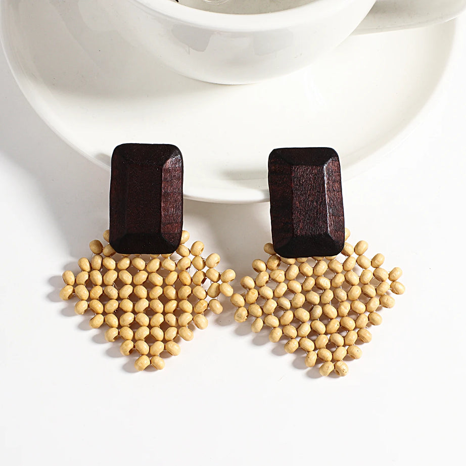 Wooden Rattan Braid Geometric Drop Earrings Jewelry