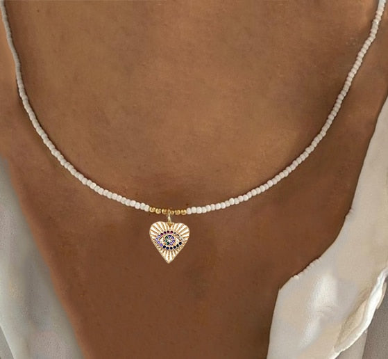 Fashion Classic White Rice Beads White Shell Stone Short Necklace Retro Charm Moon Eyes Pendant Jewelry Christmas Halloween Gift - Charlie Dolly