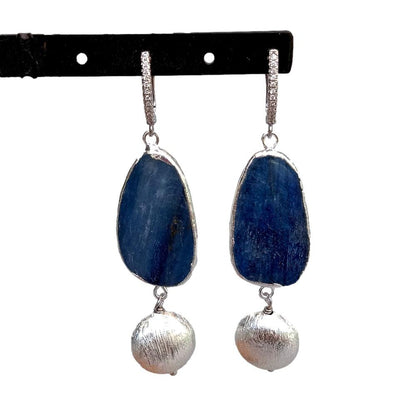 YYGEM Natural Natural Blue Kyantie With Electroplated Edge Silver Color Brushed Bead gold plated leverback Earrings
