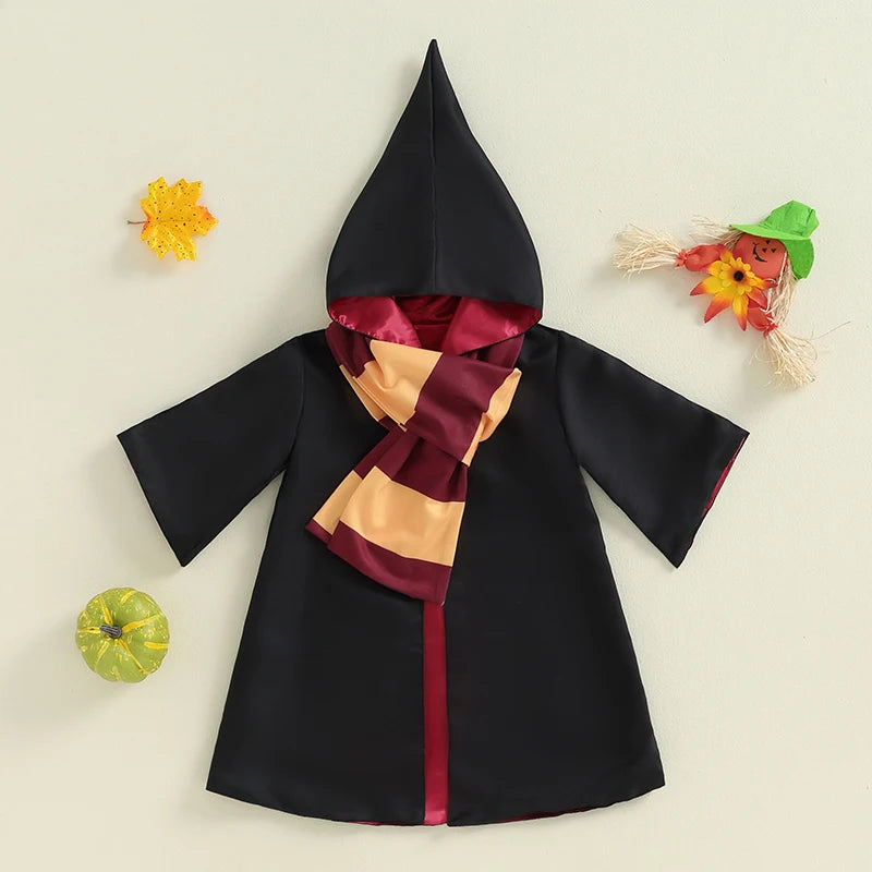2024-07-09 Lioraitiin Kid Halloween Witch Costume Long Sleeve Hood Wizard Cloak with Scarf 2 Pcs Cosplay Clothes Set - Charlie Dolly